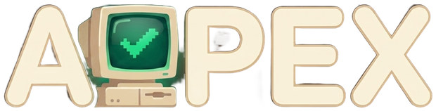 APEX — retro computer wordmark with a green verification check on screen